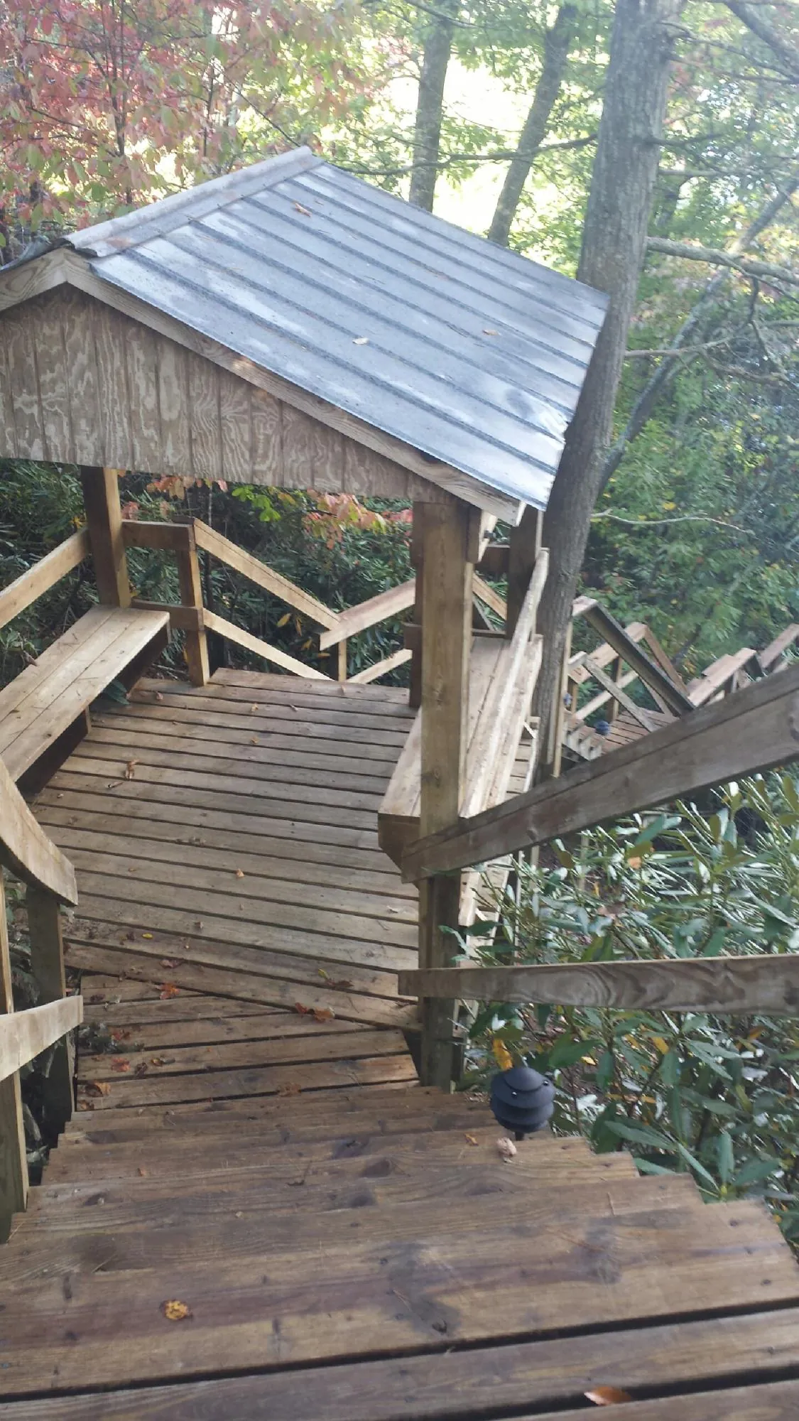Metal roofed shelter over wooden steps on a wooded walkway — Skylight Repair & Installation work by our crew in Oakboro